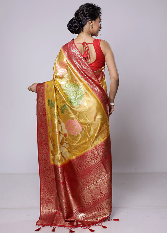 Yellow Dupion Silk Saree With Blouse Piece