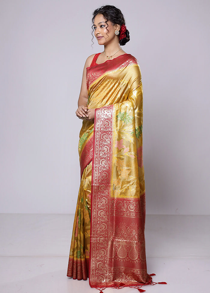 Yellow Dupion Silk Saree With Blouse Piece