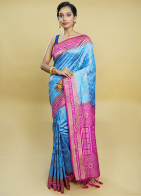 Blue Dupion Silk Saree With Blouse Piece