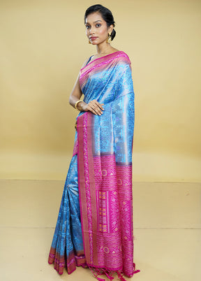 Blue Dupion Silk Saree With Blouse Piece