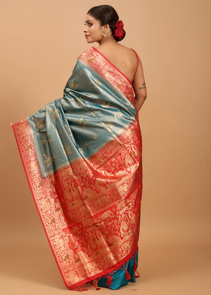 Green Dupion Silk Saree With Blouse Piece