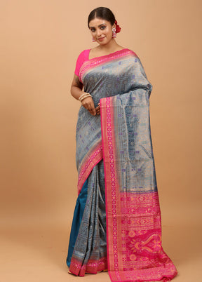 Blue Dupion Silk Saree With Blouse Piece