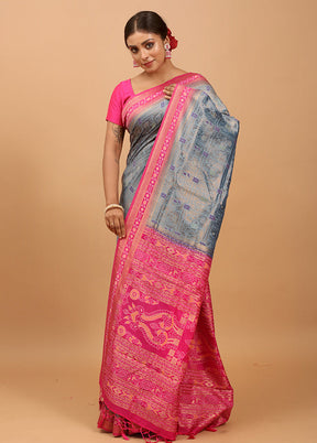 Blue Dupion Silk Saree With Blouse Piece