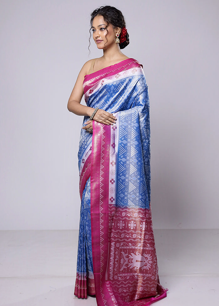 Blue Dupion Silk Saree With Blouse Piece