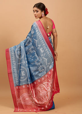 Blue Dupion Silk Saree With Blouse Piece