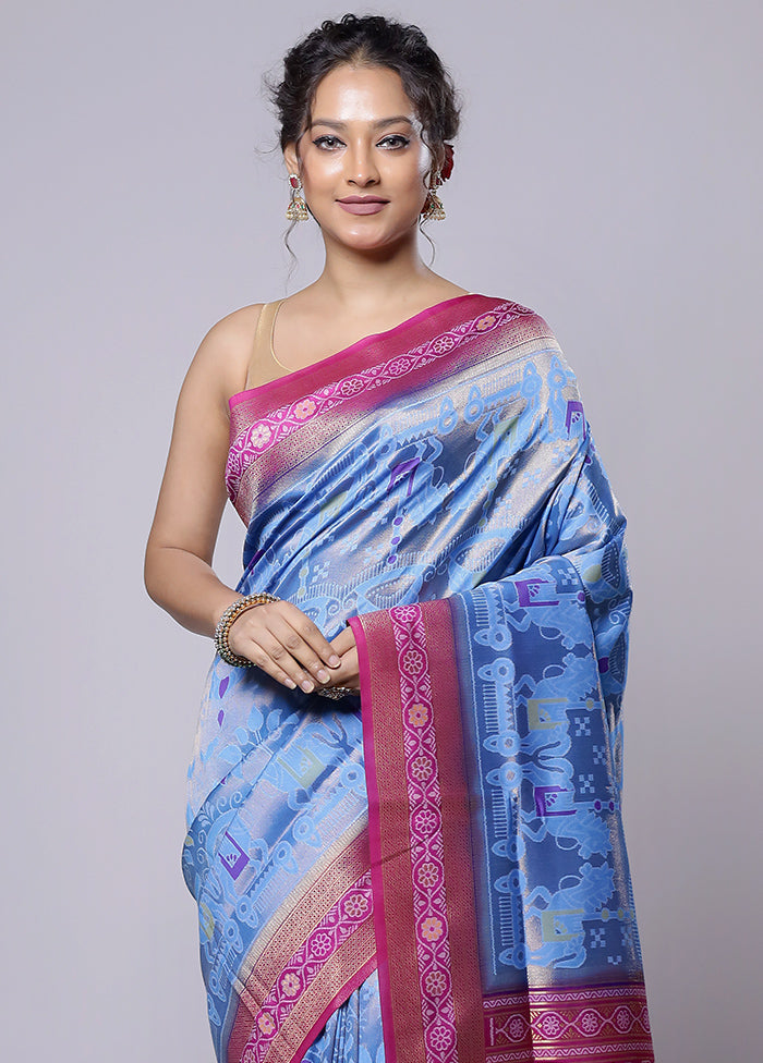 Blue Dupion Silk Saree With Blouse Piece