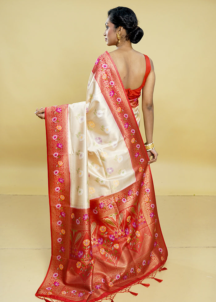 Cream Dupion Silk Saree With Blouse Piece