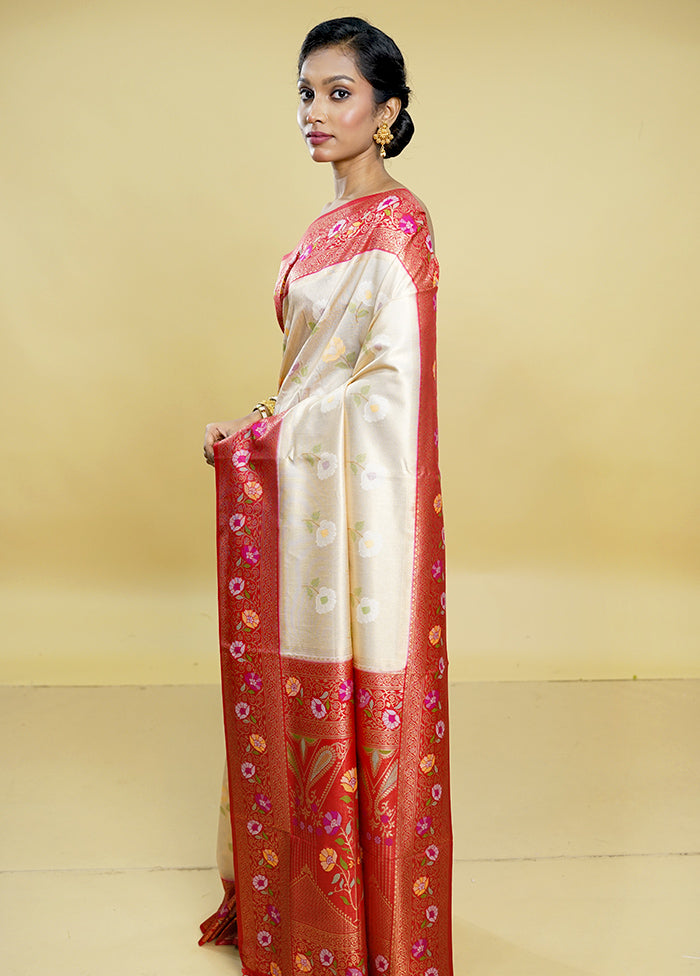 Cream Dupion Silk Saree With Blouse Piece