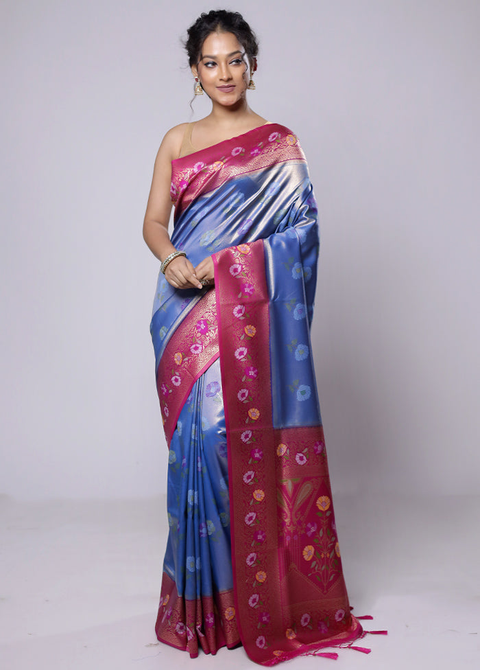 Blue Dupion Silk Saree With Blouse Piece