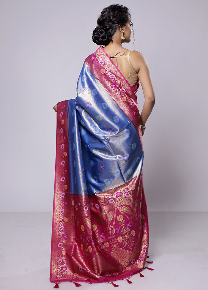 Blue Dupion Silk Saree With Blouse Piece