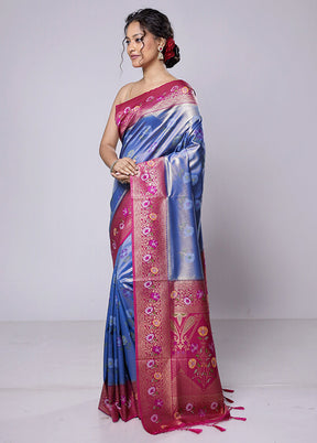 Blue Dupion Silk Saree With Blouse Piece