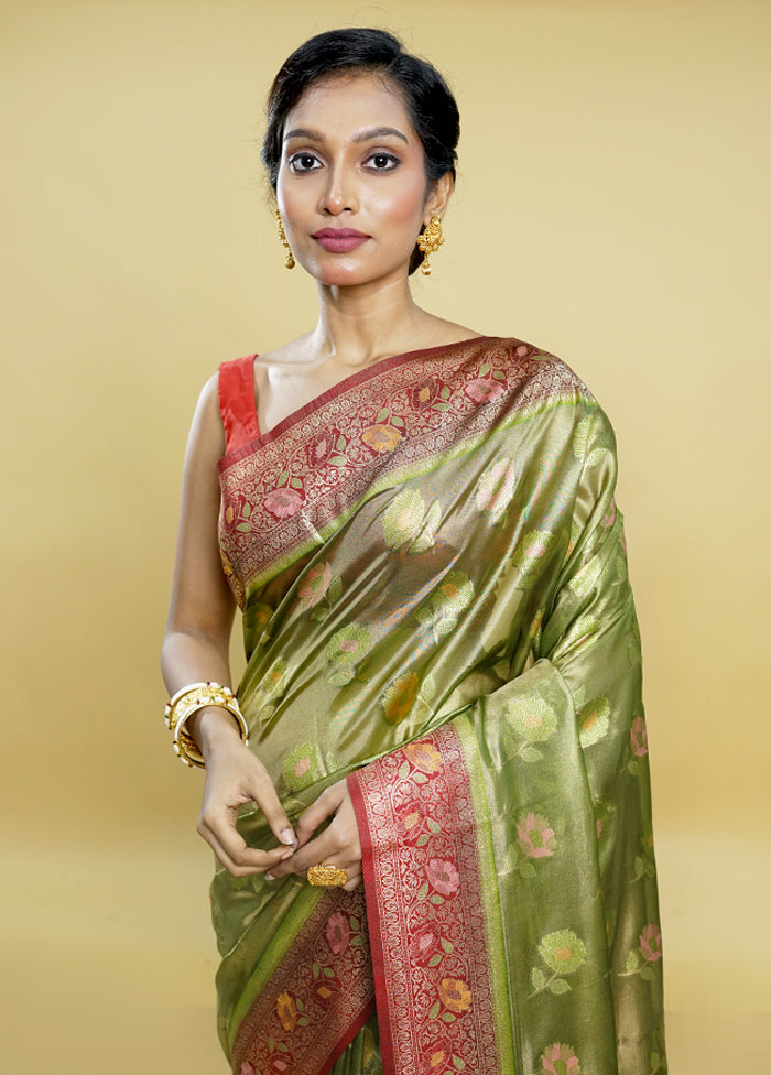 Green Dupion Silk Saree With Blouse Piece