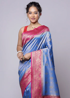 Blue Dupion Silk Saree With Blouse Piece