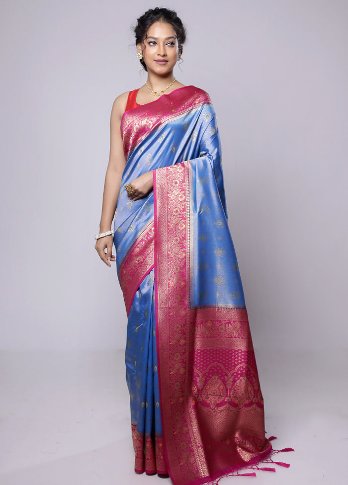 Blue Dupion Silk Saree With Blouse Piece