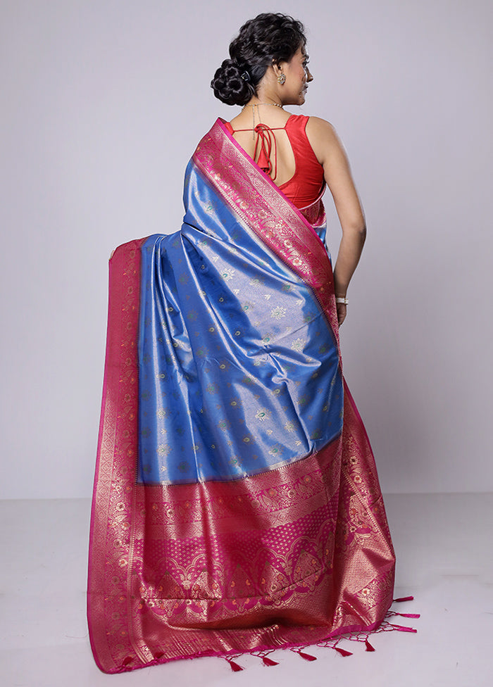 Blue Dupion Silk Saree With Blouse Piece