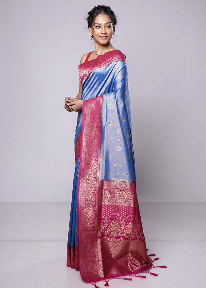 Blue Dupion Silk Saree With Blouse Piece