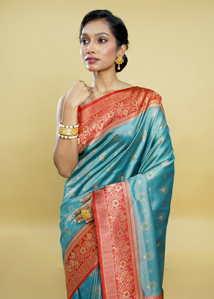 Green Dupion Silk Saree With Blouse Piece