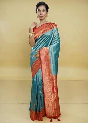 Green Dupion Silk Saree With Blouse Piece