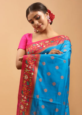 Blue Dupion Silk Saree With Blouse Piece