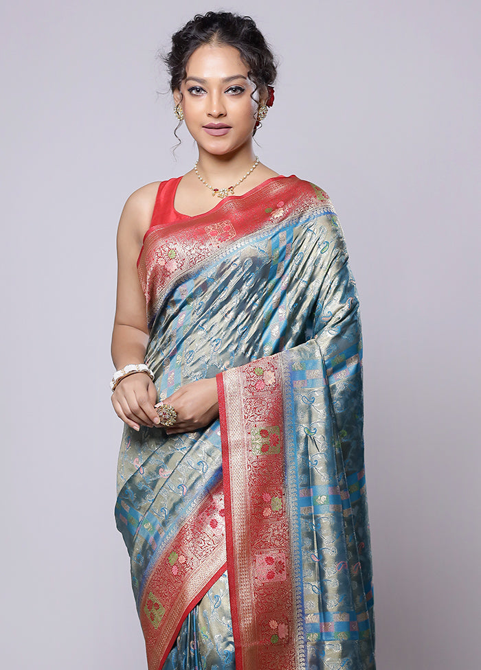 Blue Dupion Silk Saree With Blouse Piece