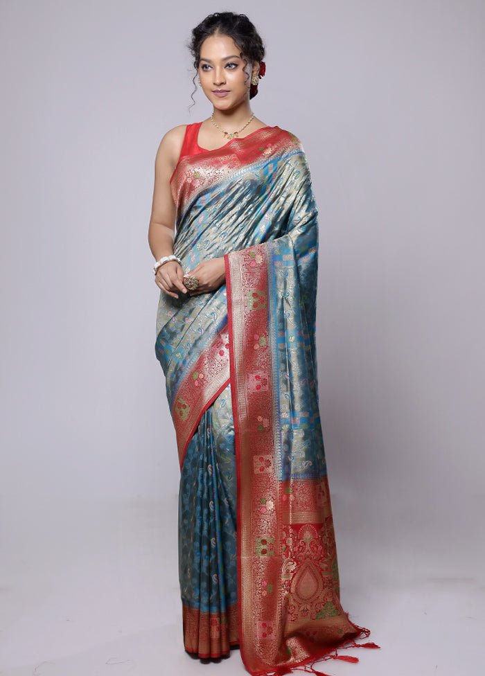 Blue Dupion Silk Saree With Blouse Piece