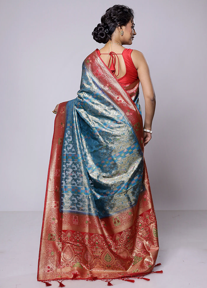 Blue Dupion Silk Saree With Blouse Piece