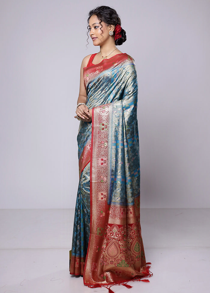 Blue Dupion Silk Saree With Blouse Piece