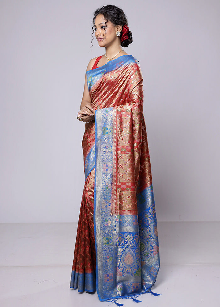 Red Dupion Silk Saree With Blouse Piece