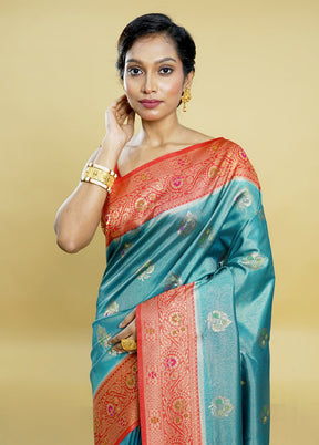 Blue Dupion Silk Saree With Blouse Piece