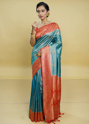 Blue Dupion Silk Saree With Blouse Piece