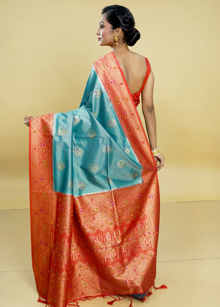 Blue Dupion Silk Saree With Blouse Piece