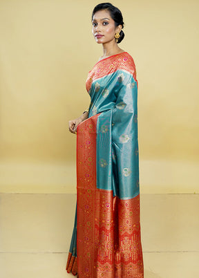 Blue Dupion Silk Saree With Blouse Piece