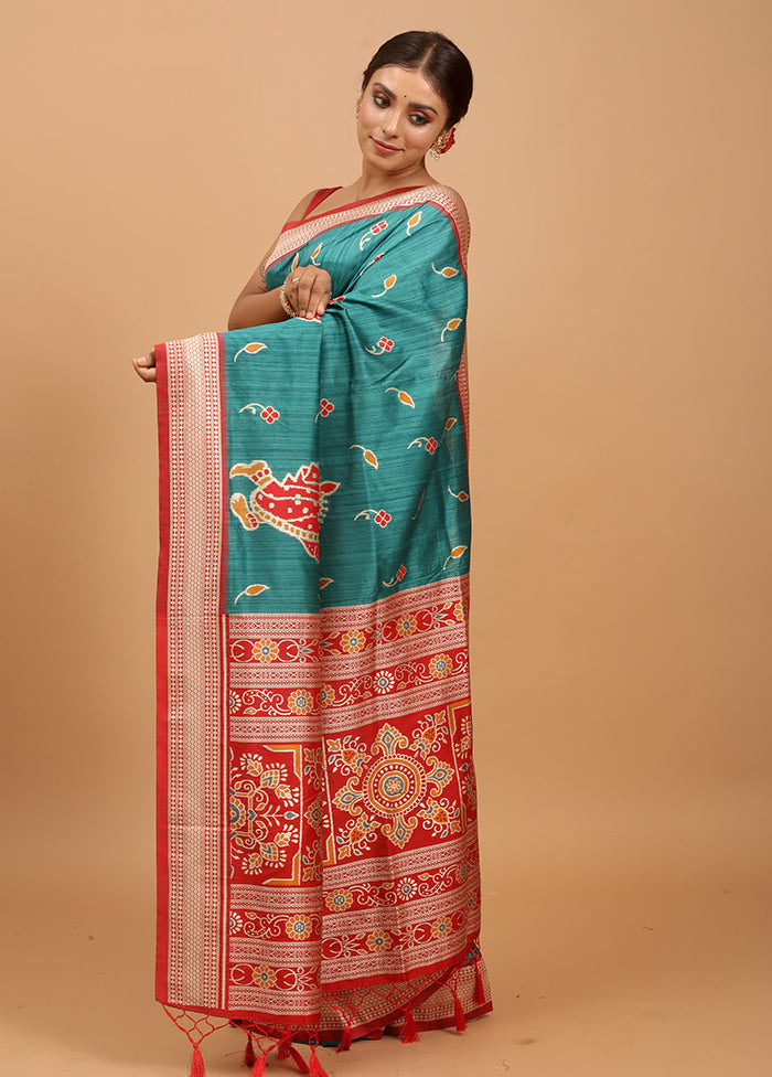 Green Tussar Silk Saree With Blouse Piece