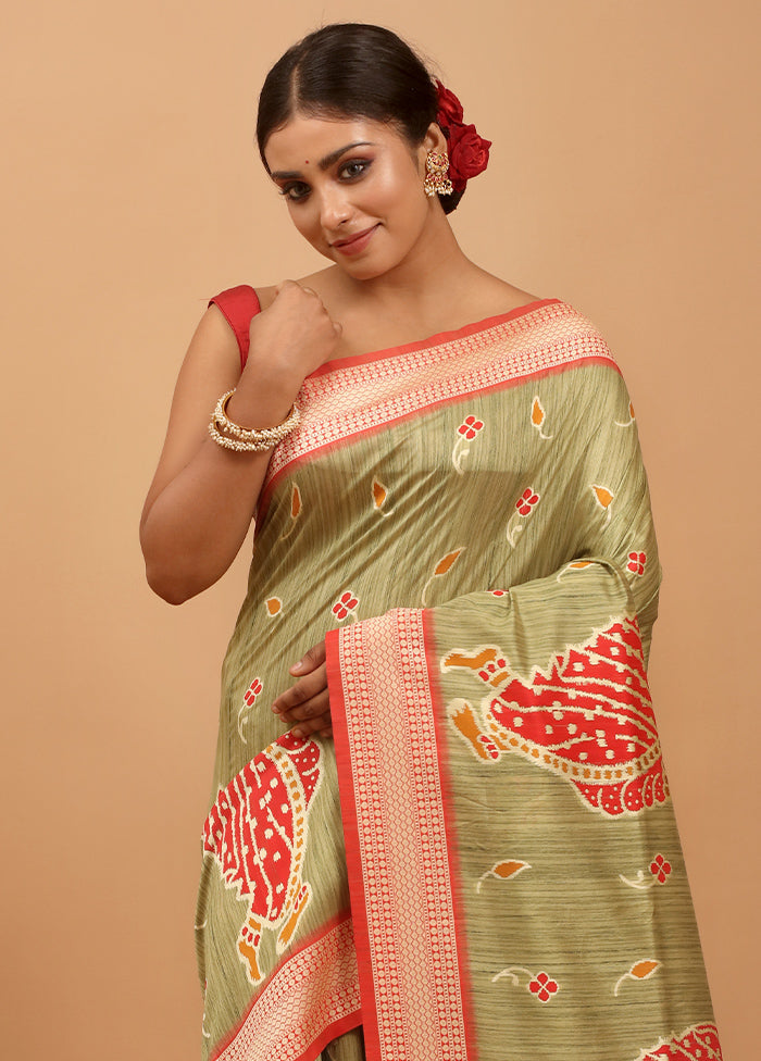 Green Tussar Silk Saree With Blouse Piece