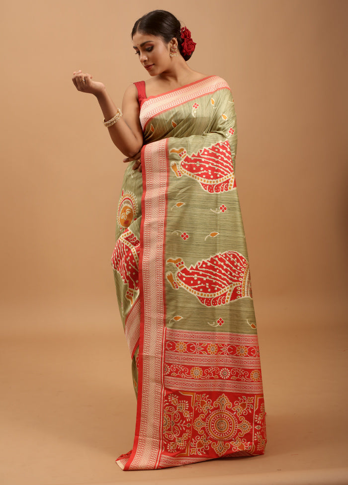 Green Tussar Silk Saree With Blouse Piece