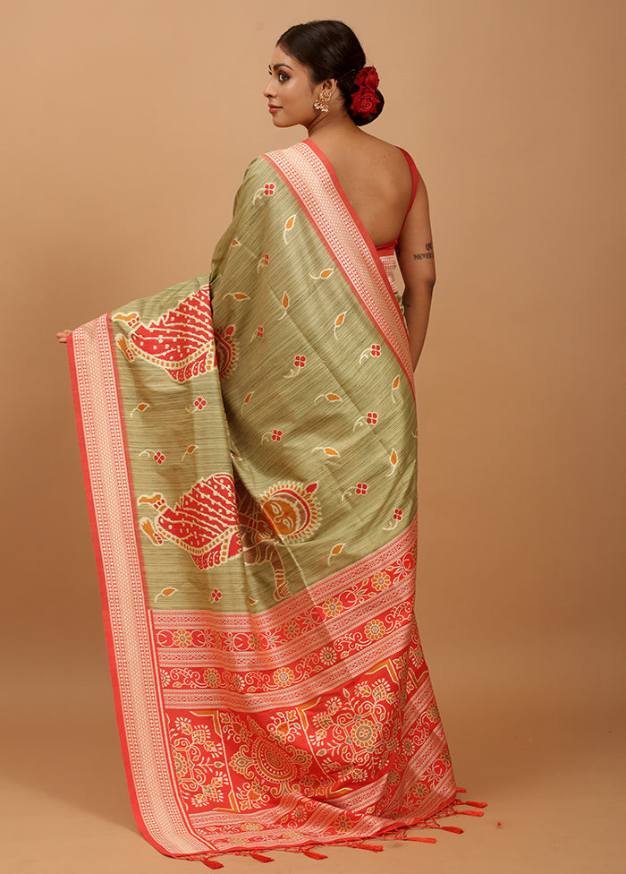 Green Tussar Silk Saree With Blouse Piece