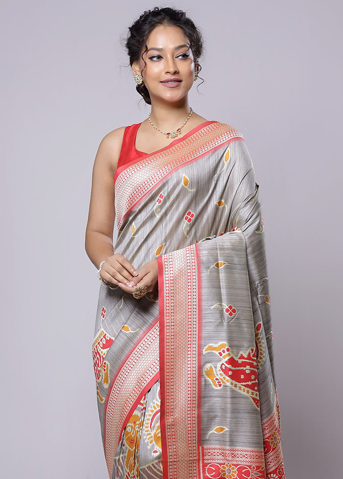 Grey Tussar Silk Saree With Blouse Piece