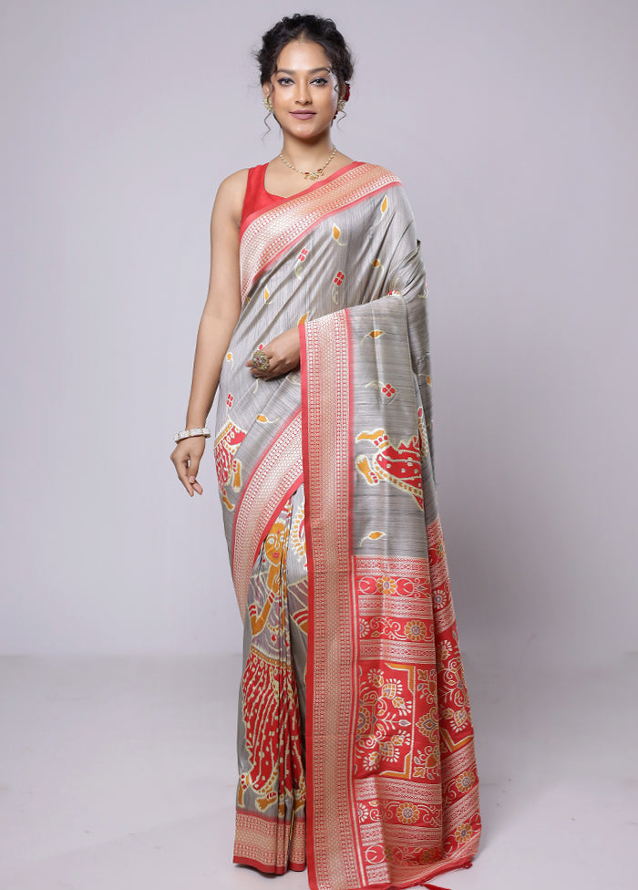 Grey Tussar Silk Saree With Blouse Piece