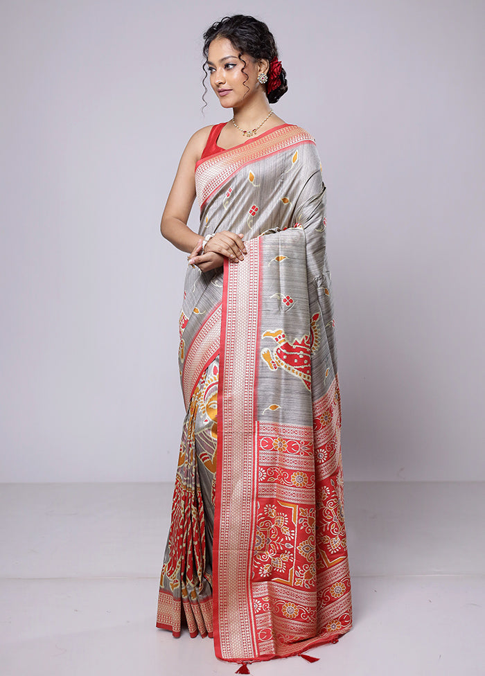 Grey Tussar Silk Saree With Blouse Piece