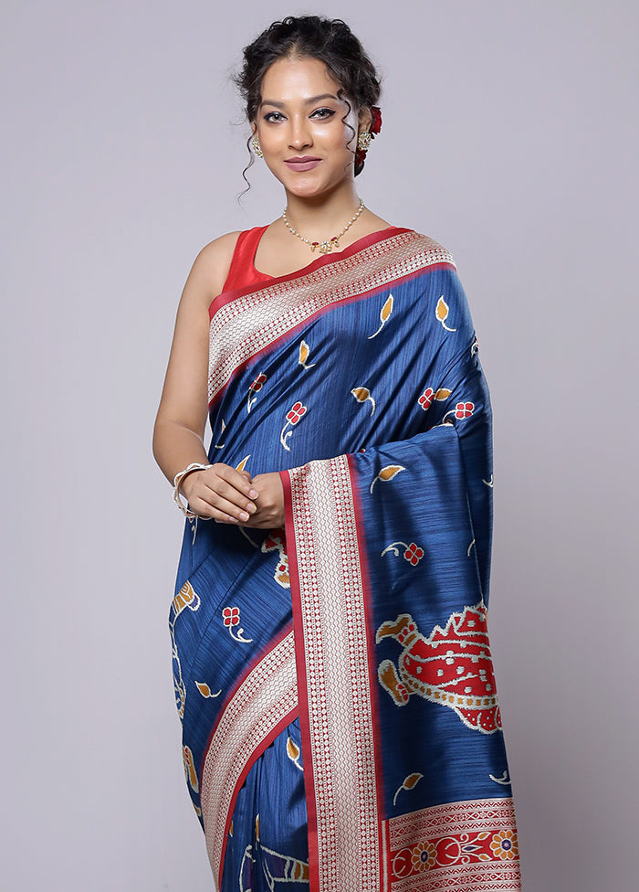 Blue Tussar Silk Saree With Blouse Piece