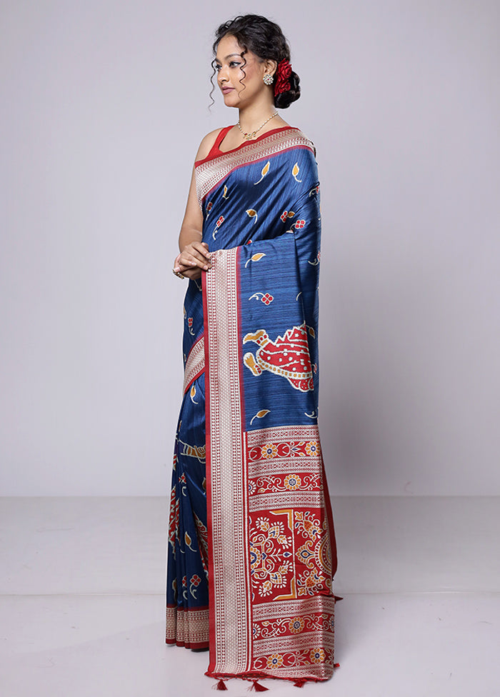 Blue Tussar Silk Saree With Blouse Piece