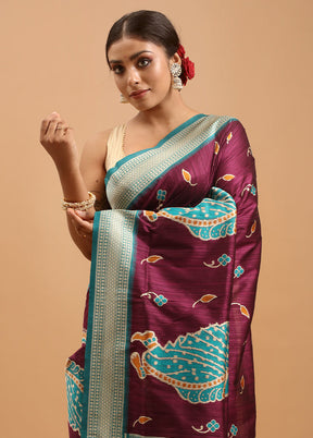 Purple Tussar Silk Saree With Blouse Piece