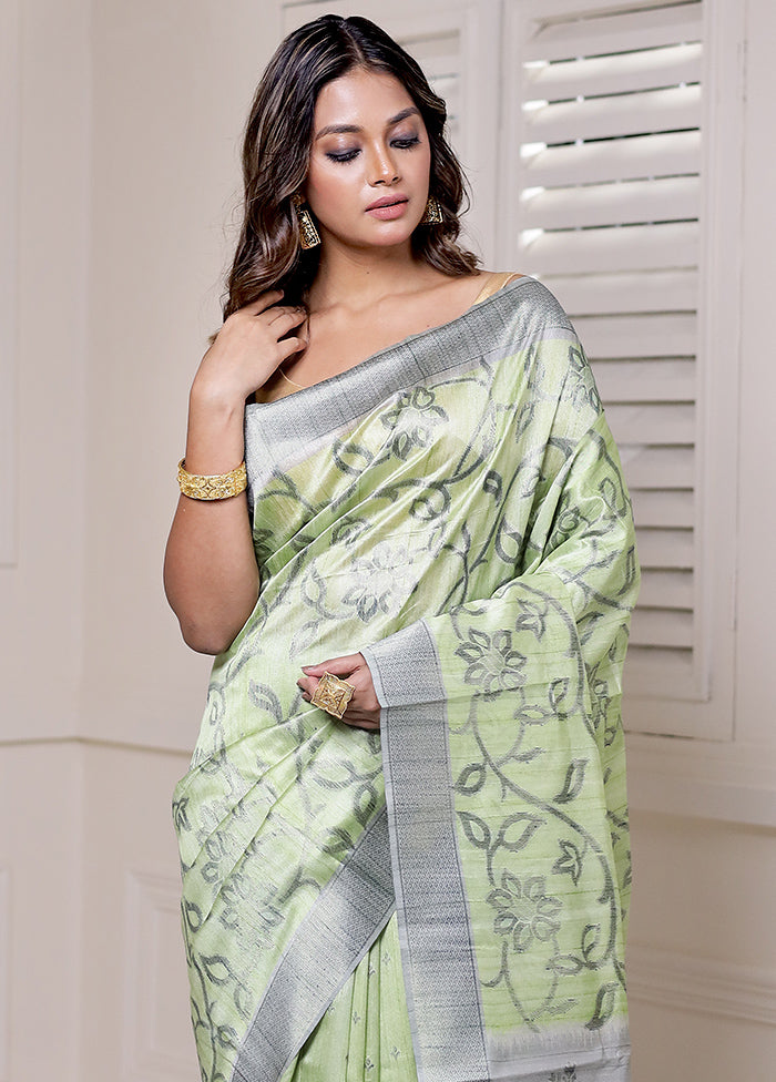 Green Tussar Silk Saree With Blouse Piece