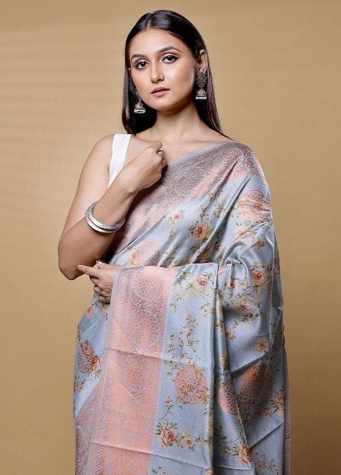 Blue Dupion Silk Saree With Blouse Piece