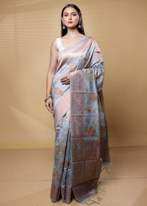 Blue Dupion Silk Saree With Blouse Piece