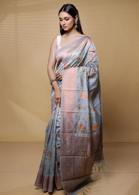 Blue Dupion Silk Saree With Blouse Piece