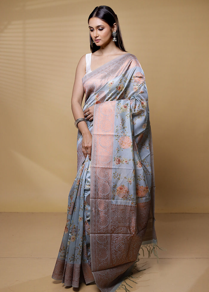 Blue Dupion Silk Saree With Blouse Piece