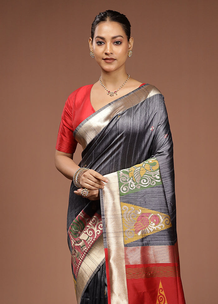 Grey Tussar Silk Saree With Blouse Piece
