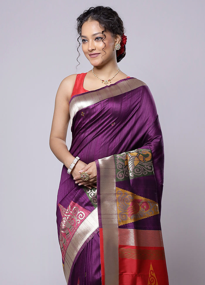 Purple Tussar Silk Saree With Blouse Piece