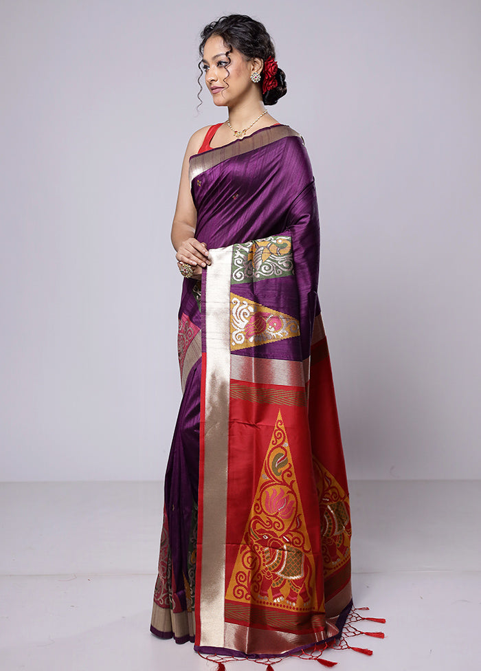 Purple Tussar Silk Saree With Blouse Piece